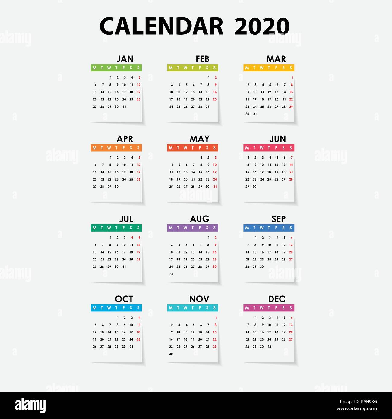 2020 Calendar Template.Calendar 2020 Set of 12 Months.Yearly calendar ...