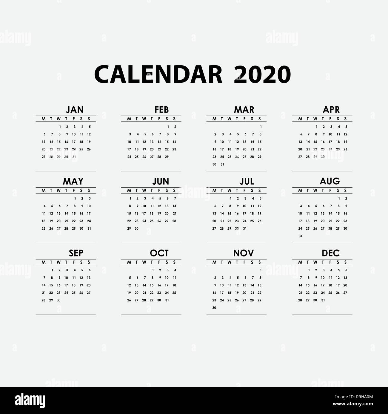 2020 Calendar Template.Calendar 2020 Set of 12 Months.Yearly calendar ...
