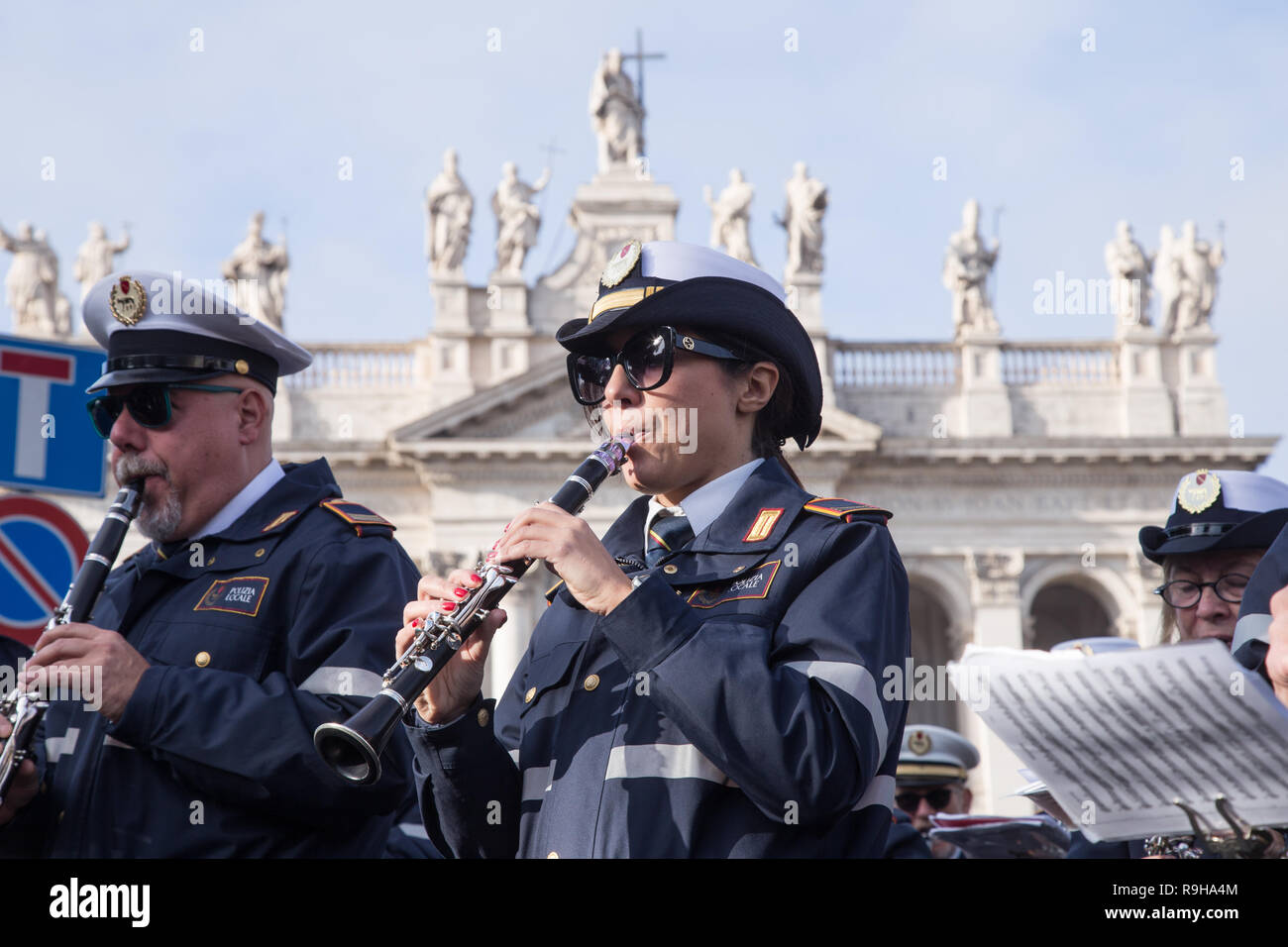 Roma, Italy. 23rd Dec, 2018. Concert of the band of Rome Capitale Inauguration of the living nativity scene of Rome 'Venite adoremus', realized for the second consecutive year at Porta Asinaria, near the basilica of San Giovanni in Laterano Credit: Matteo Nardone/Pacific Press/Alamy Live News Stock Photo