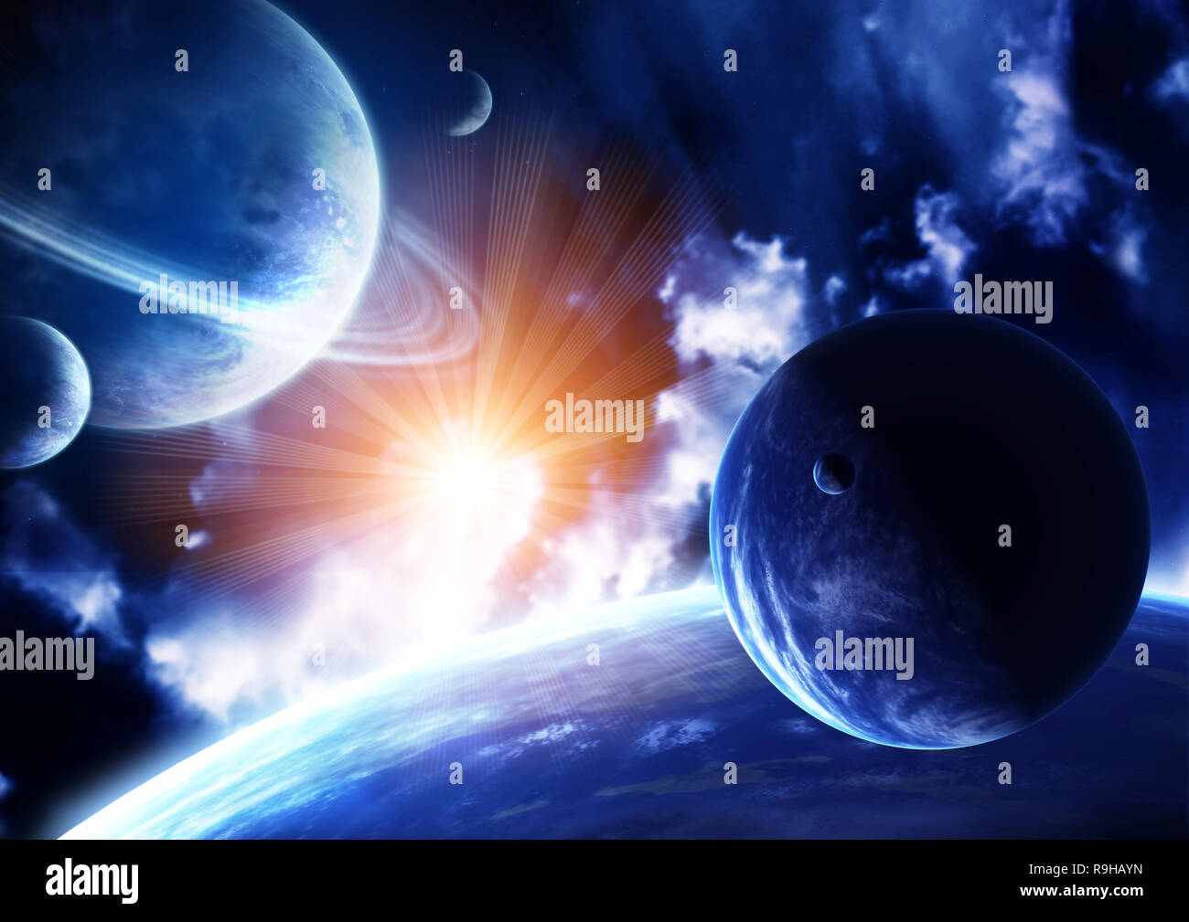 Space flare. A beautiful space scene with planets and nebula Stock ...