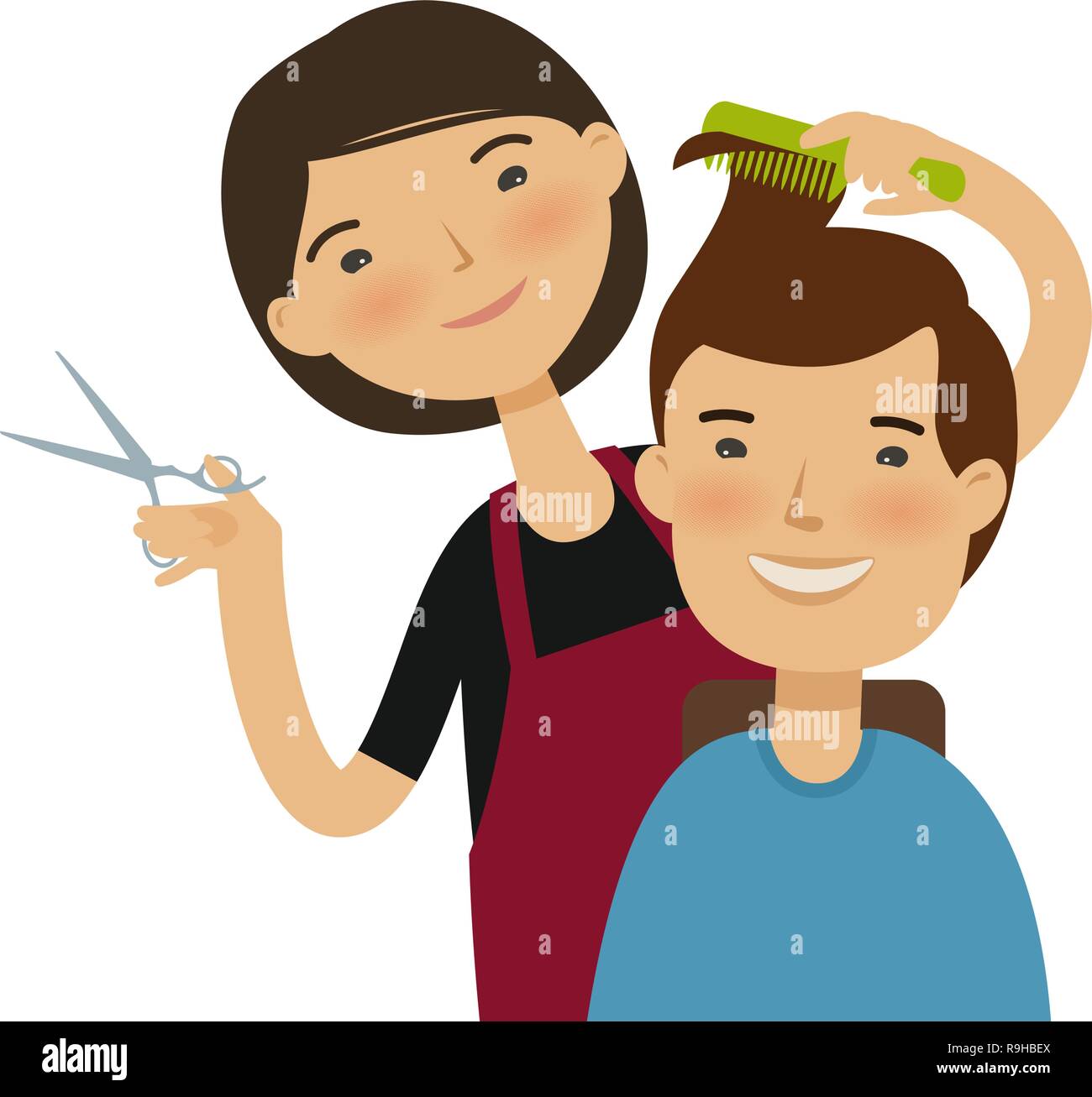 Hairstylist cutting hair. Men's hairstyle, beauty saloon concept. Funny cartoon vector illustration Stock Vector
