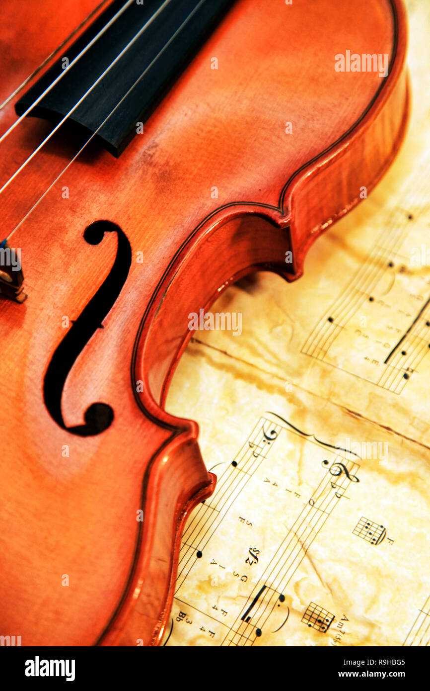 1937 old violin on the background of notes Stock Photo