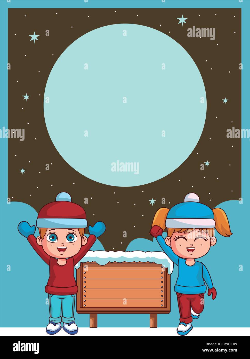 Boy and girl with winter clothes and wooden sign card Stock Vector ...
