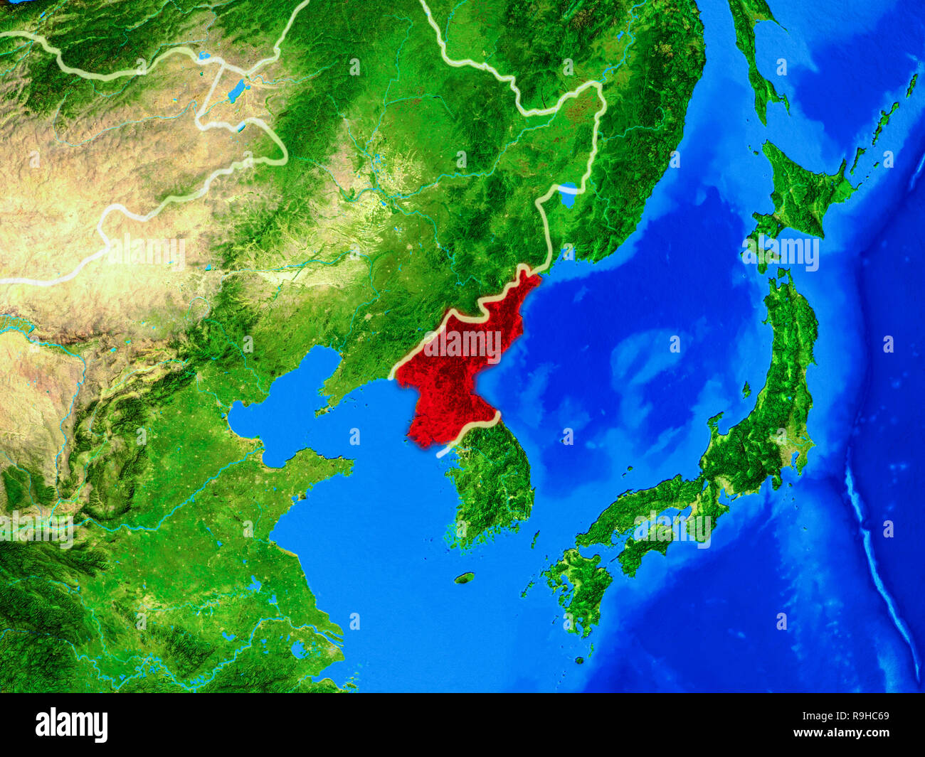 North Korea from space on model of planet Earth with country borders ...