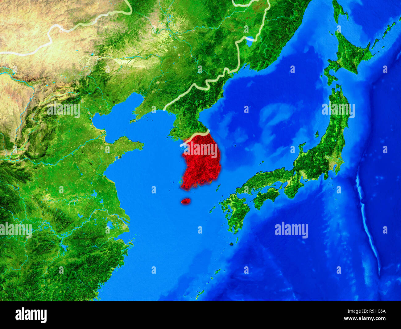 South Korea from space on model of planet Earth with country borders ...