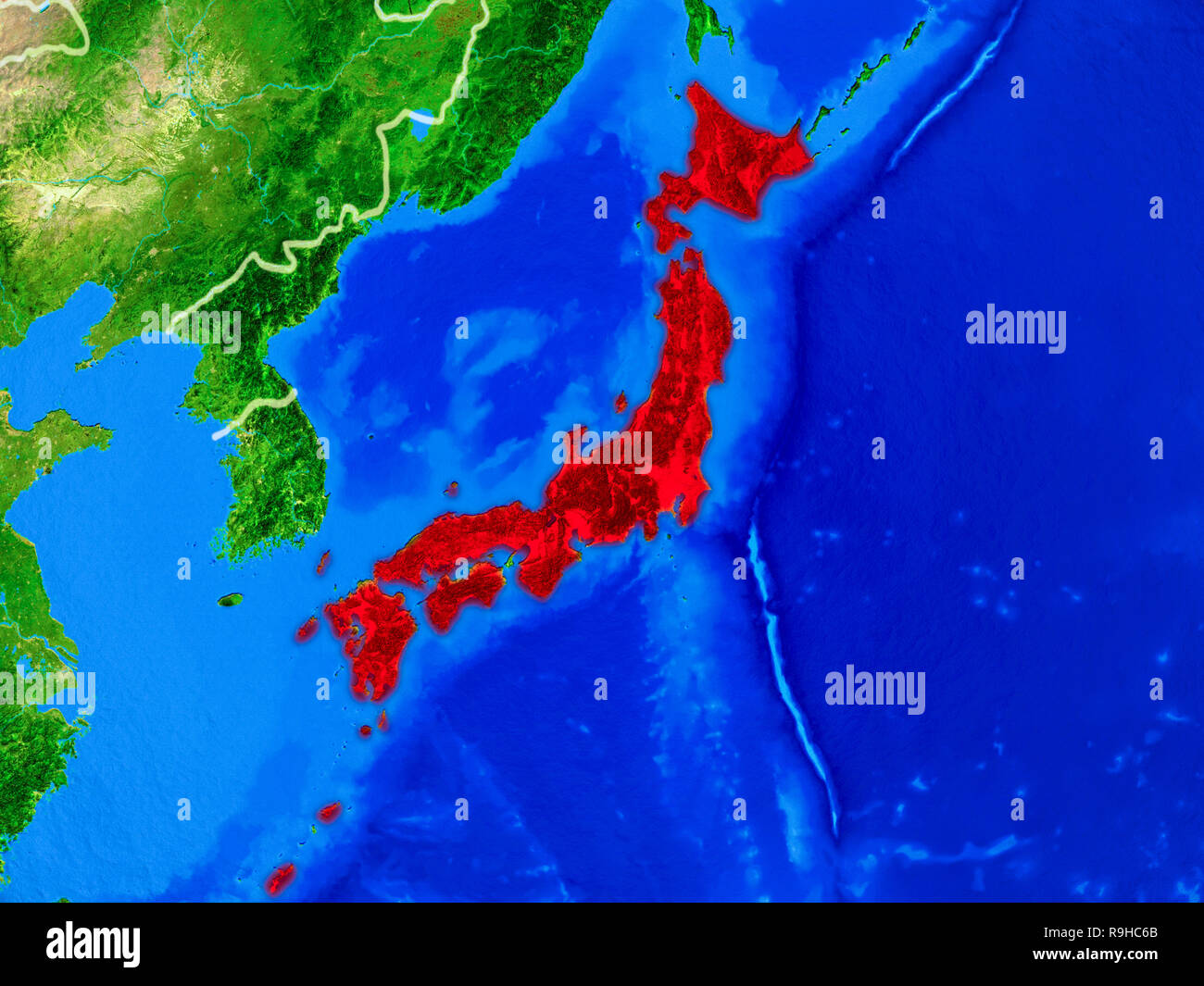 Japan from space on model of planet Earth with country borders and very ...