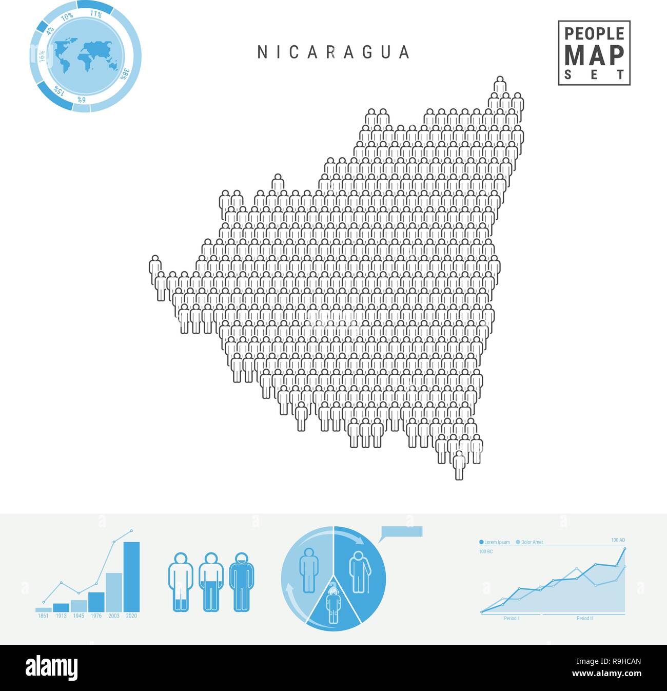 Nicaragua People Icon Map. People Crowd in the Shape of a Map of Nicaragua. Stylized Silhouette of Nicaragua. Population Growth and Aging Infographic  Stock Vector