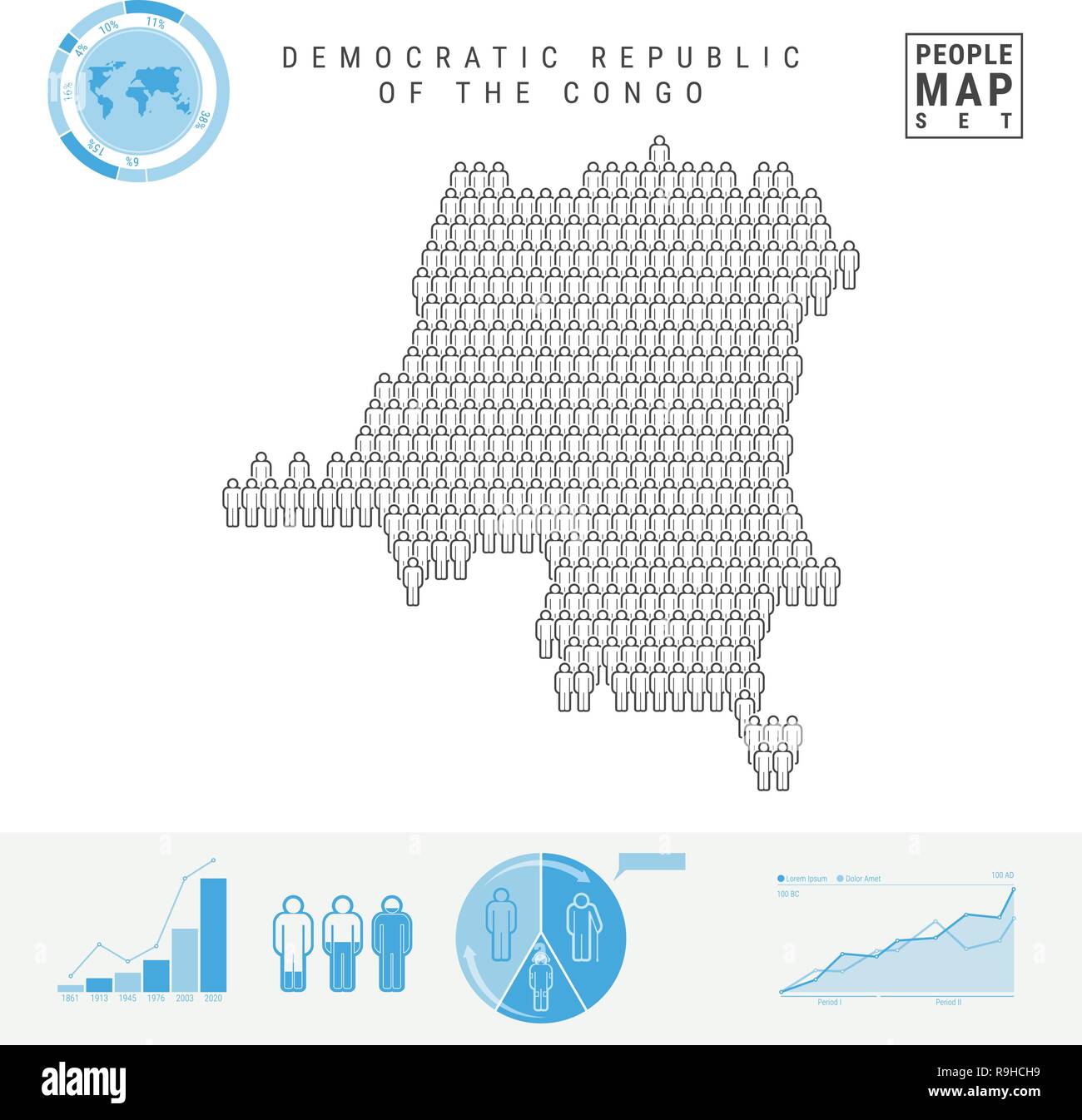 Democratic Republic of the Congo People Icon Map. People Crowd in the Shape of a Map of DR Congo. Stylized Silhouette. Population Growth and Aging Inf Stock Vector