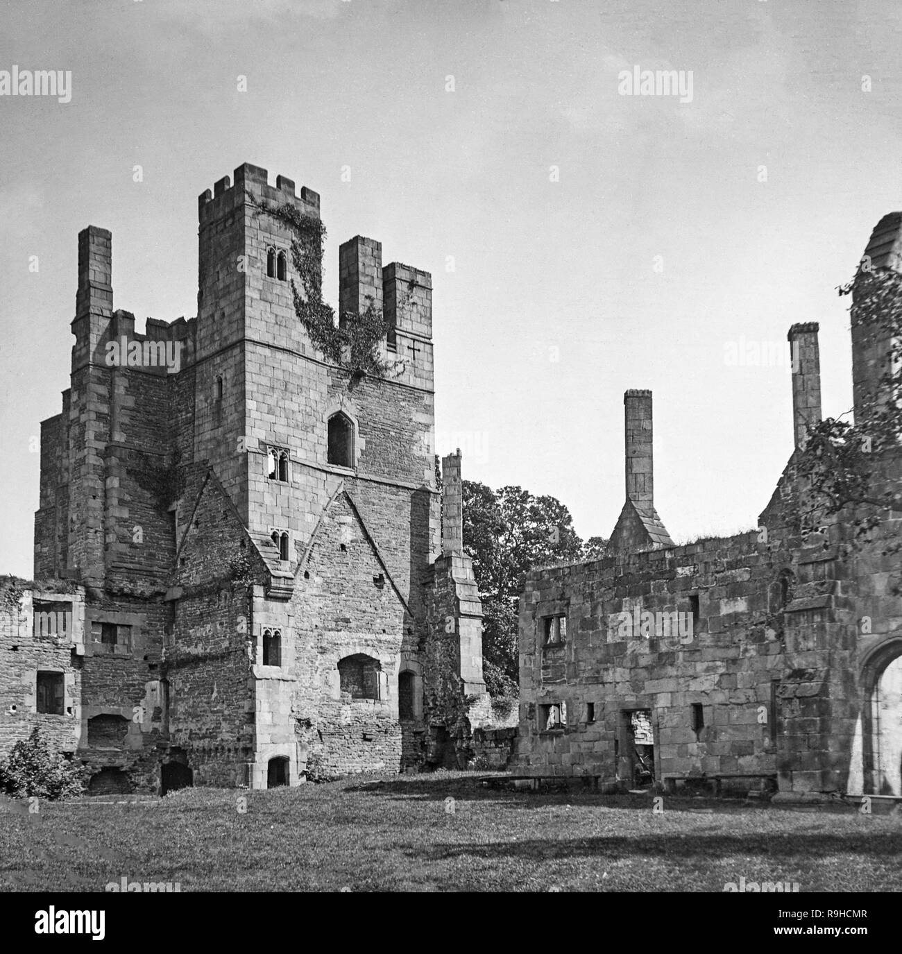 A late Victorian black and white photograph showing the ruins of Winfield Manor, near the town of Alfreton in Derbyshire, England.This monument to late medieval ‘conspicuous consumption’ was built in the 1440s for the wealthy Ralph, Lord Cromwell, Treasurer of England. Later the home of Bess of Hardwick’s husband, the Earl of Shrewsbury, who imprisoned Mary Queen of Scots here in 1569, 1584 and 1585. Stock Photo