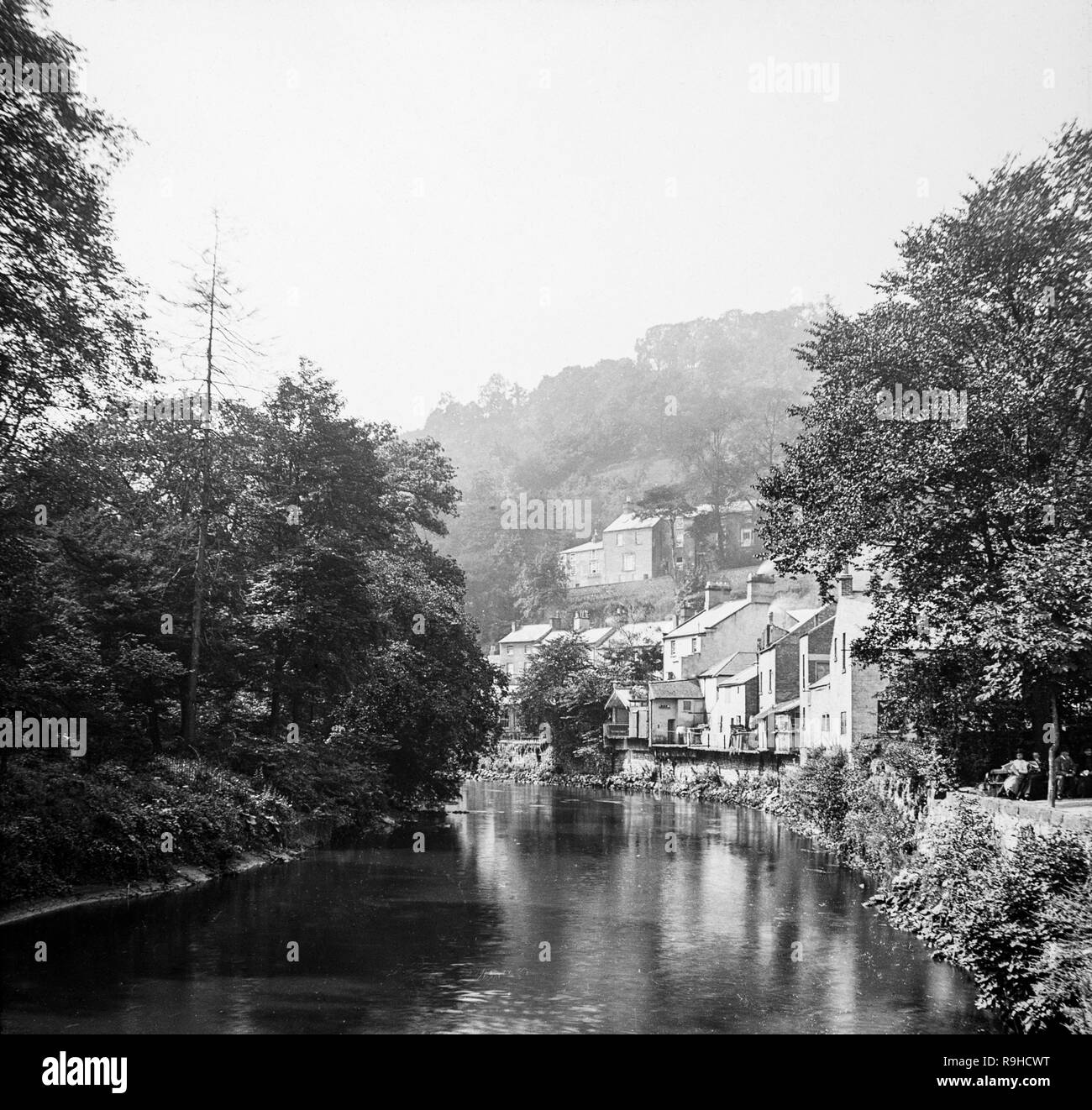 An Edwardian, early twentieth century, vintage  photograph showing the River Derwent and the town of Matlock in Derbyshire, England. Stock Photo