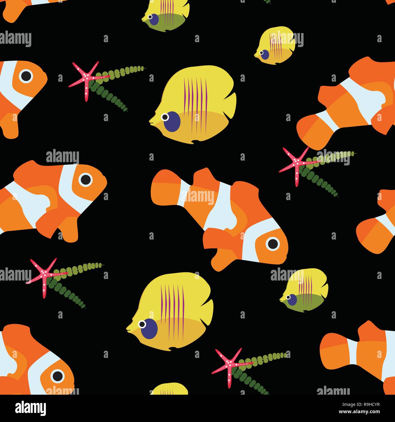 clown fish and starfish chaetodon seamless pattern Stock Vector