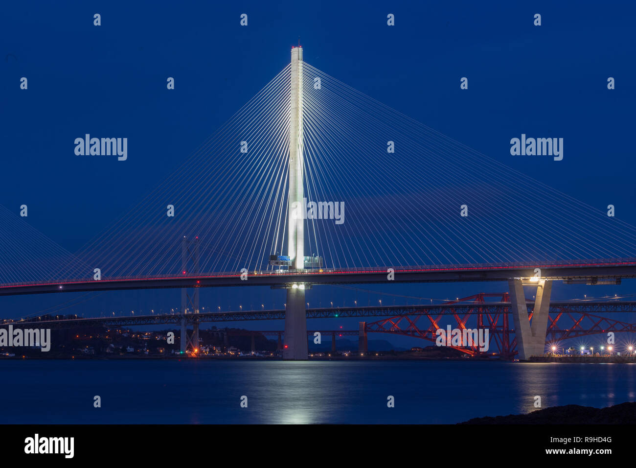 Queensferry Crossing, Forth Bridges, night, dusk, light, lit, lighting, trafic Stock Photo