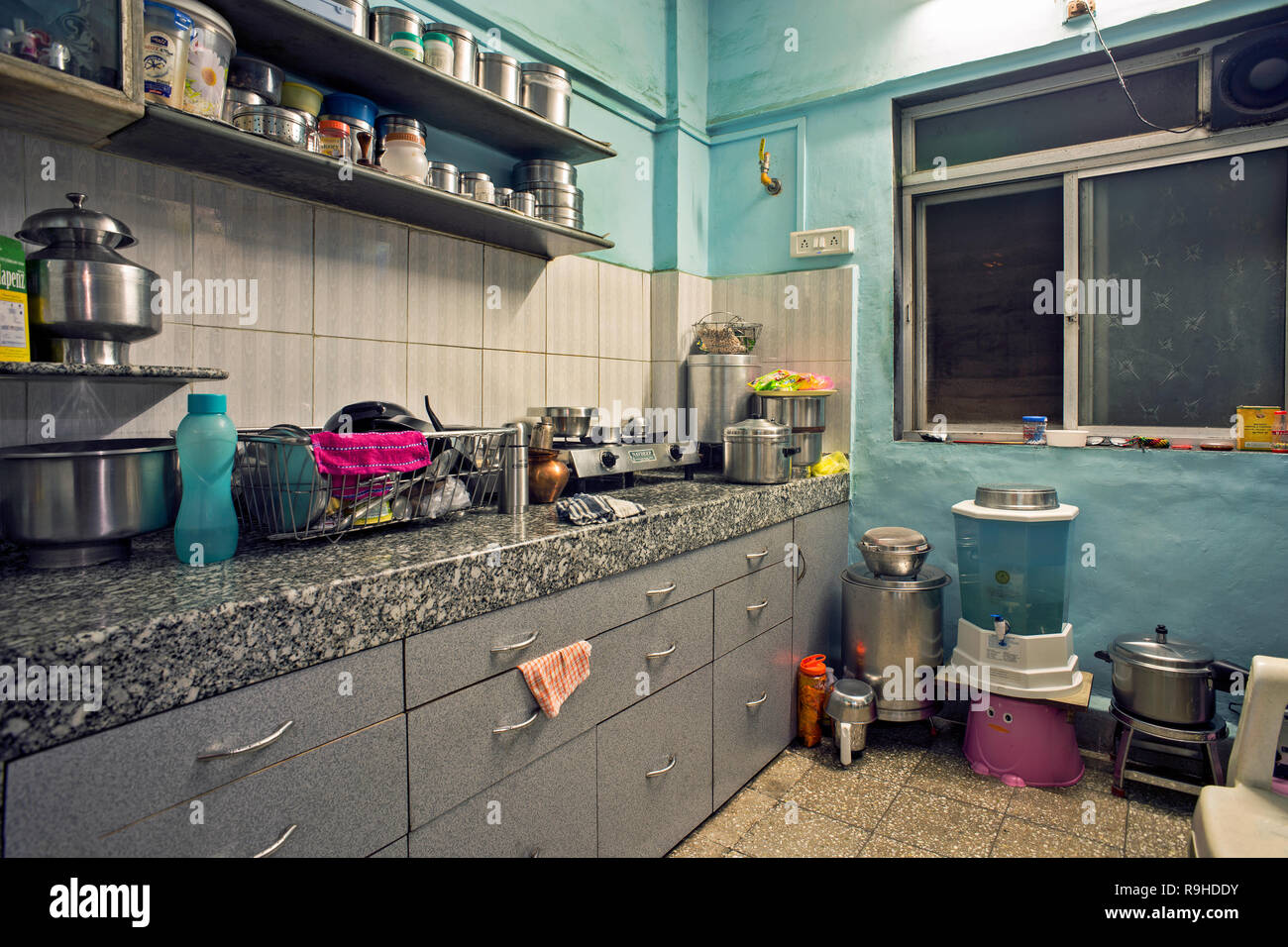 19-Apr-2016 small house interior shoing kitchen of middle class in Mumbai, Maharashtra, India Stock Photo