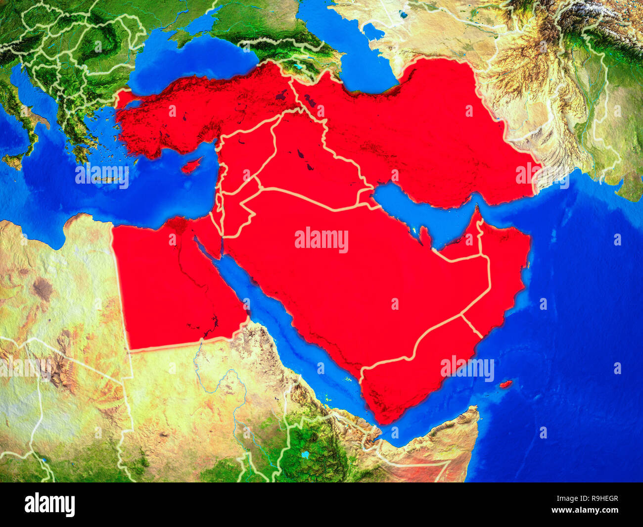 Middle East from space on model of planet Earth with country borders ...