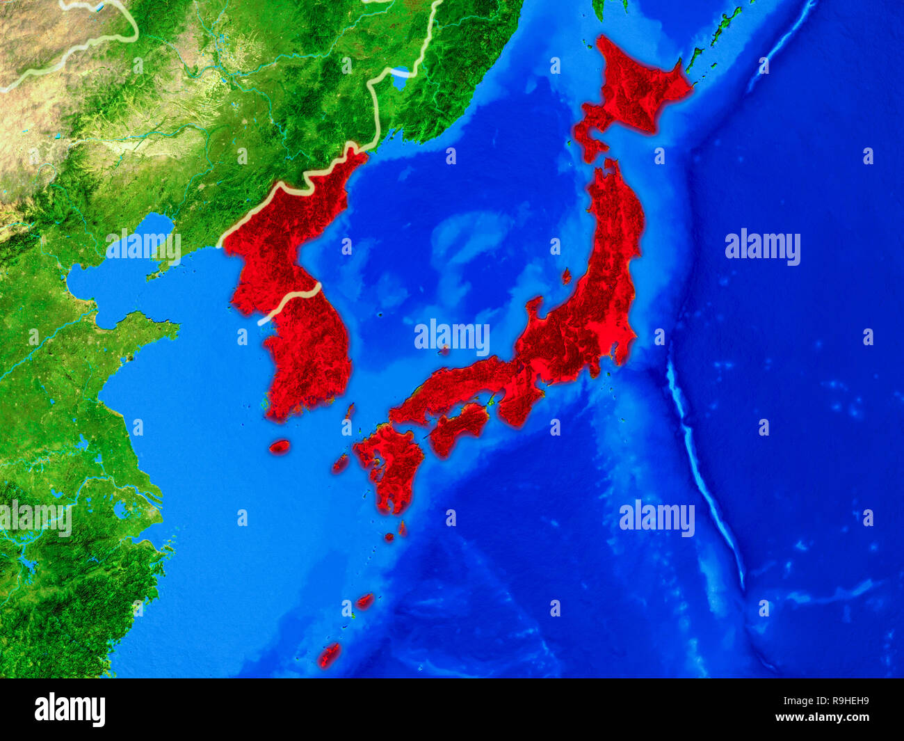 Japan and Korea from space on model of planet Earth with country ...