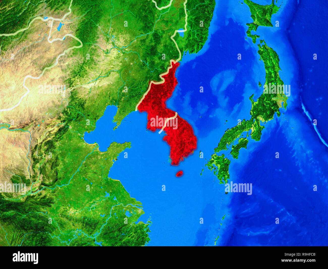 Korea from space on model of planet Earth with country borders and very ...