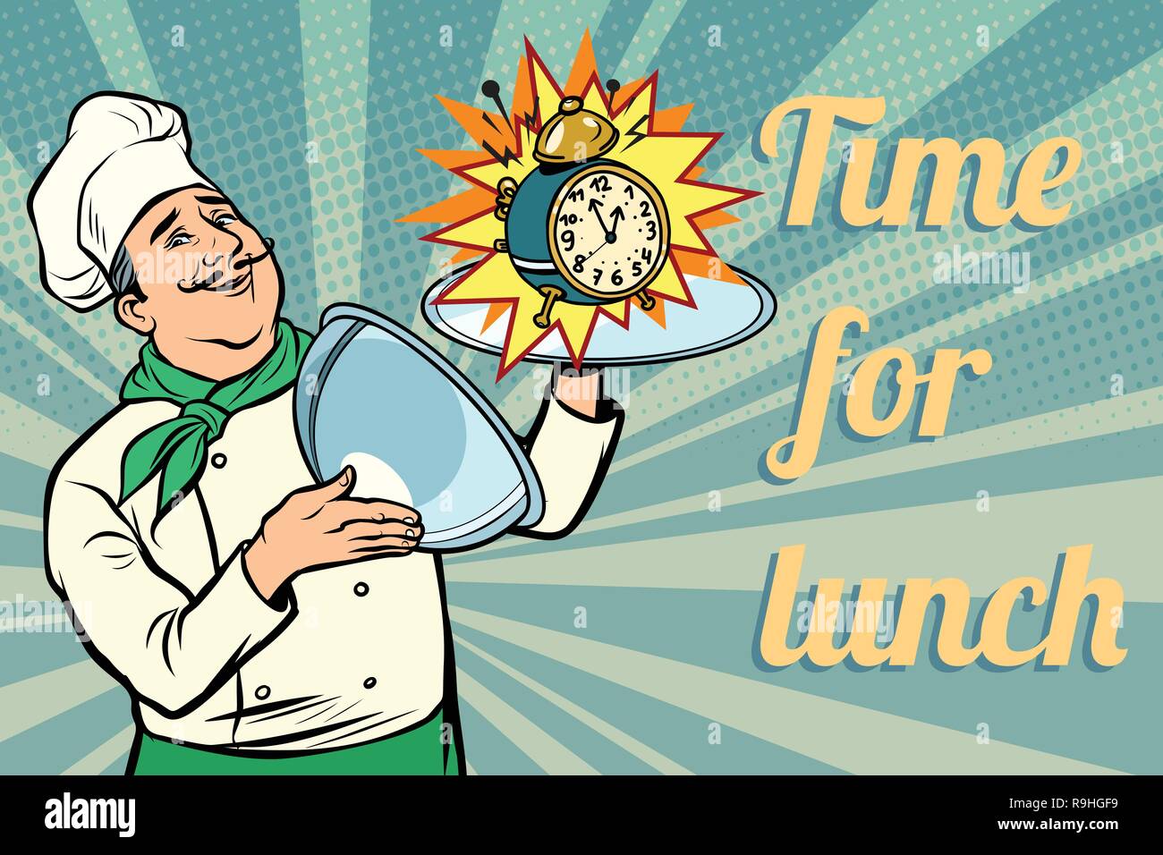 clock. time for lunch. chef with tray with lid Stock Vector