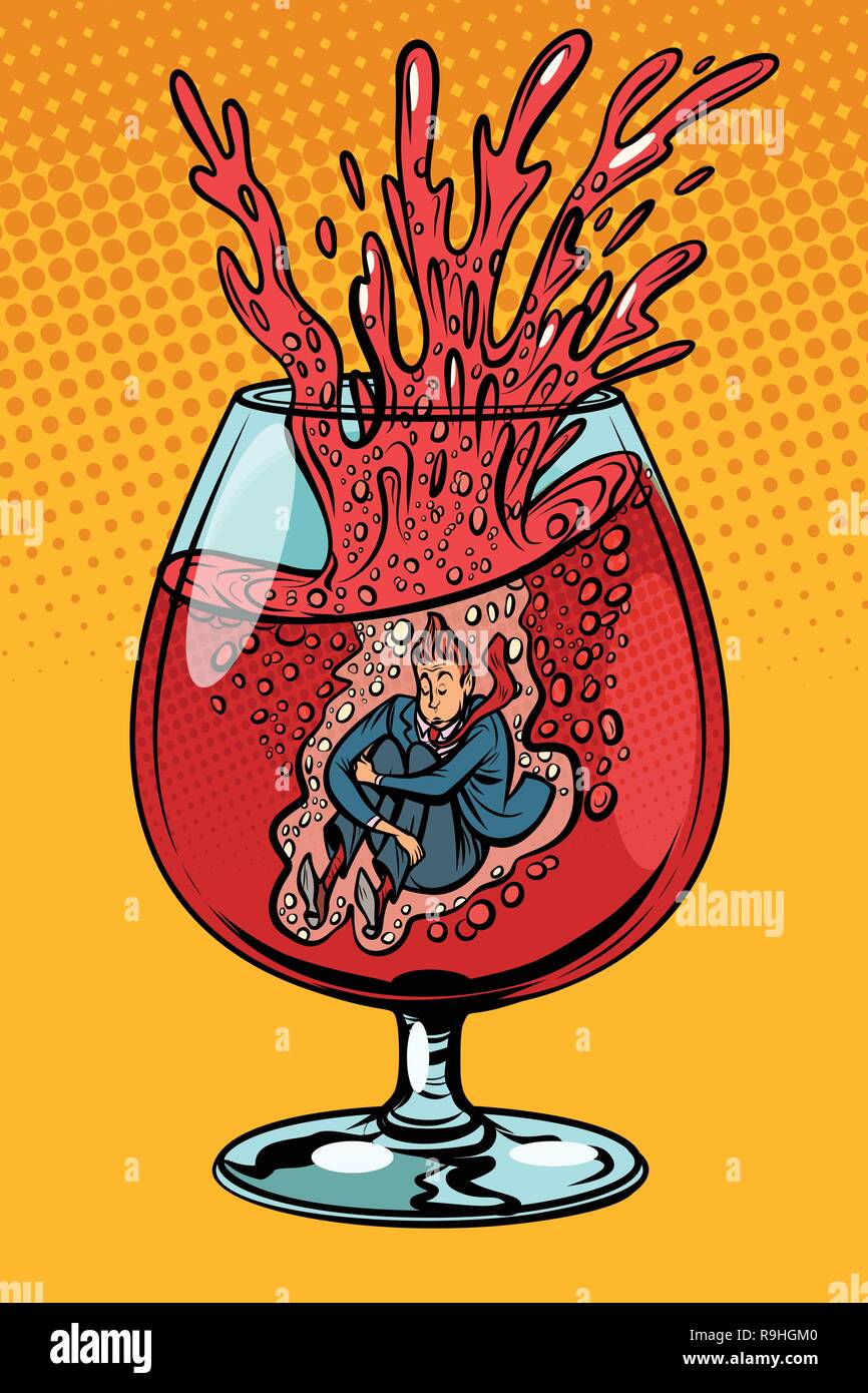 drunkard wine, man in a glass of alcohol Stock Vector