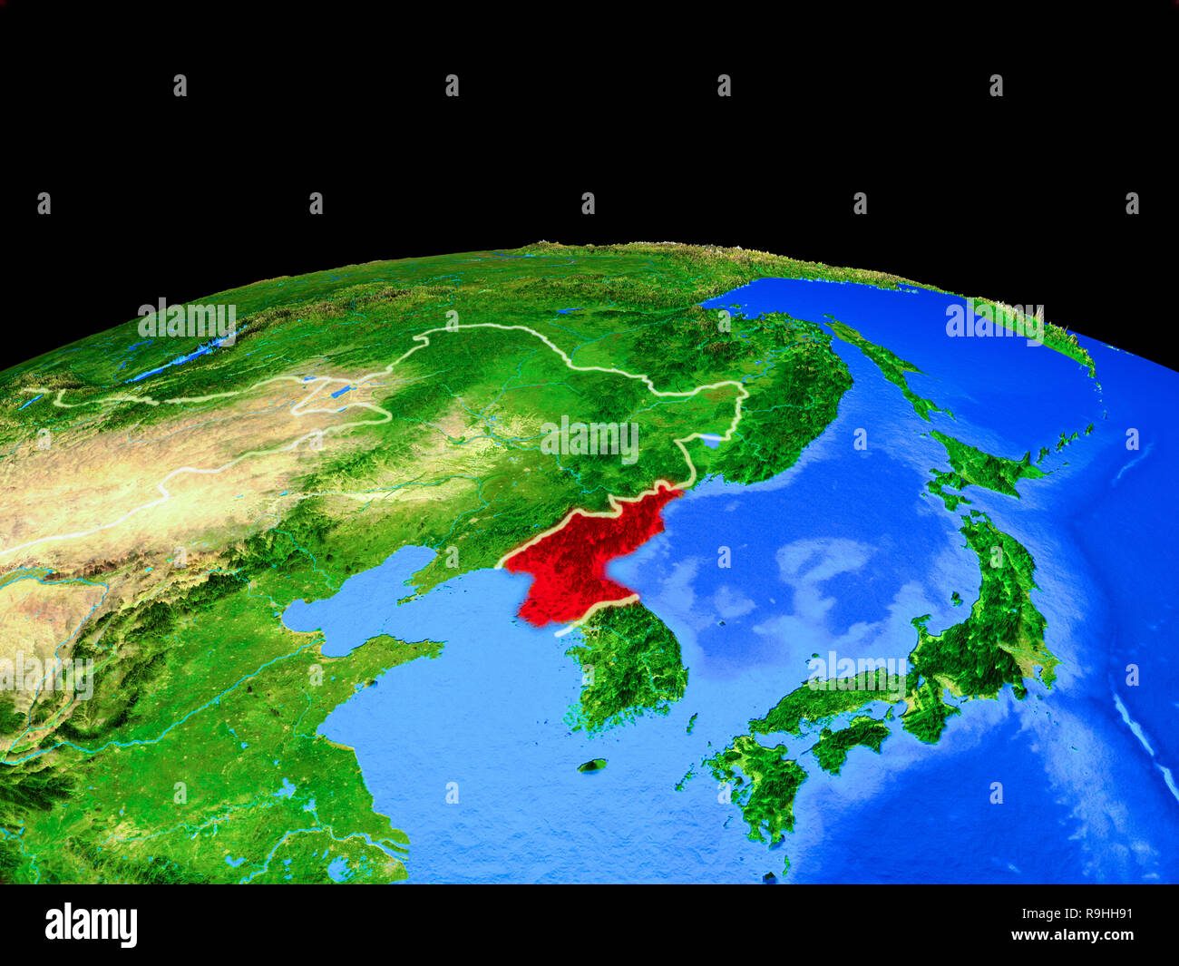 North Korea on model of planet Earth with country borders and very ...