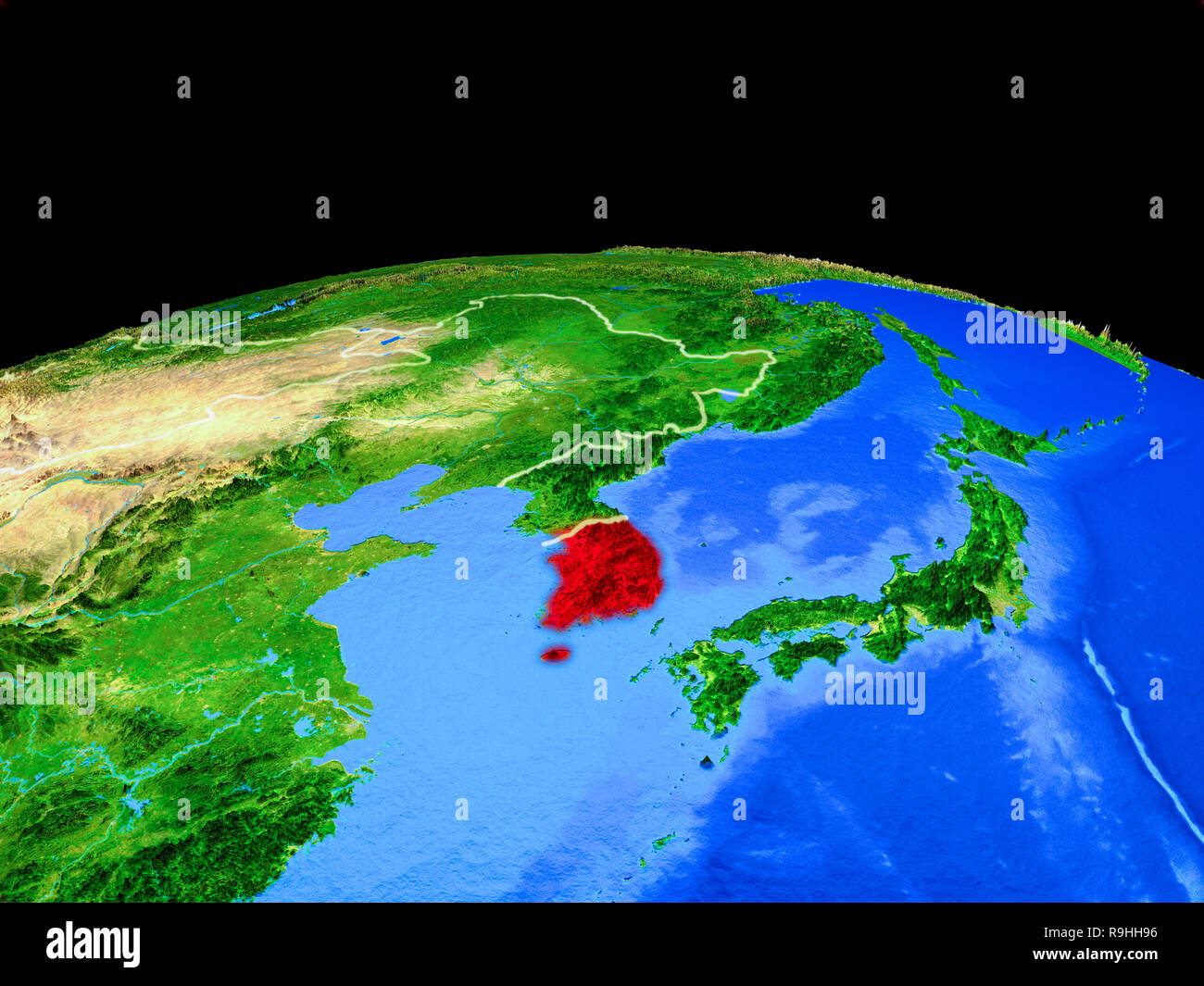 South Korea on model of planet Earth with country borders and very ...