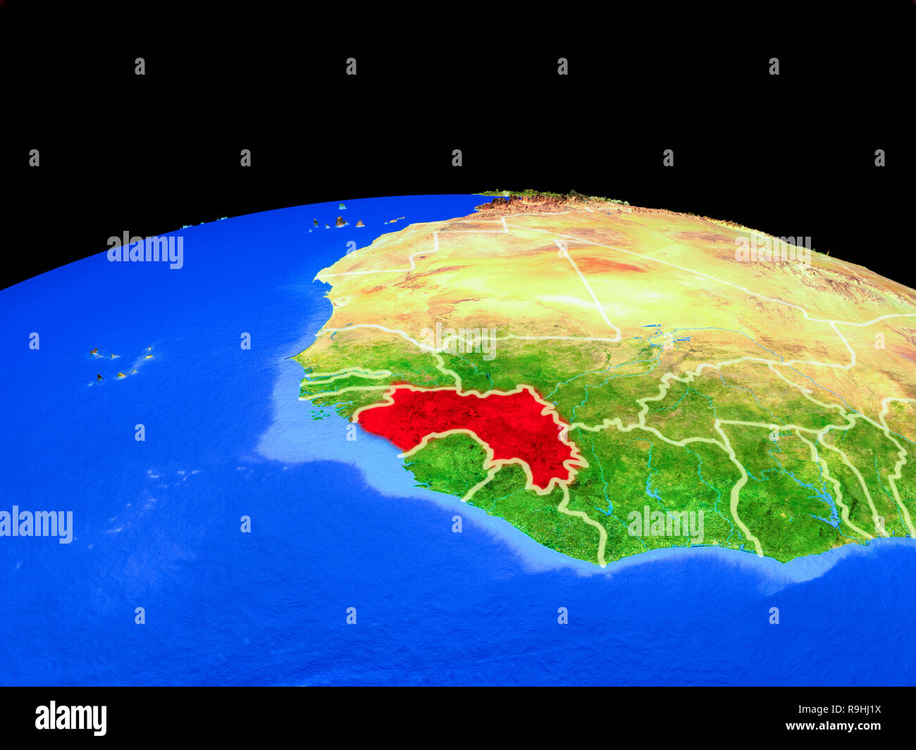 Guinea on model of planet Earth with country borders and very detailed ...