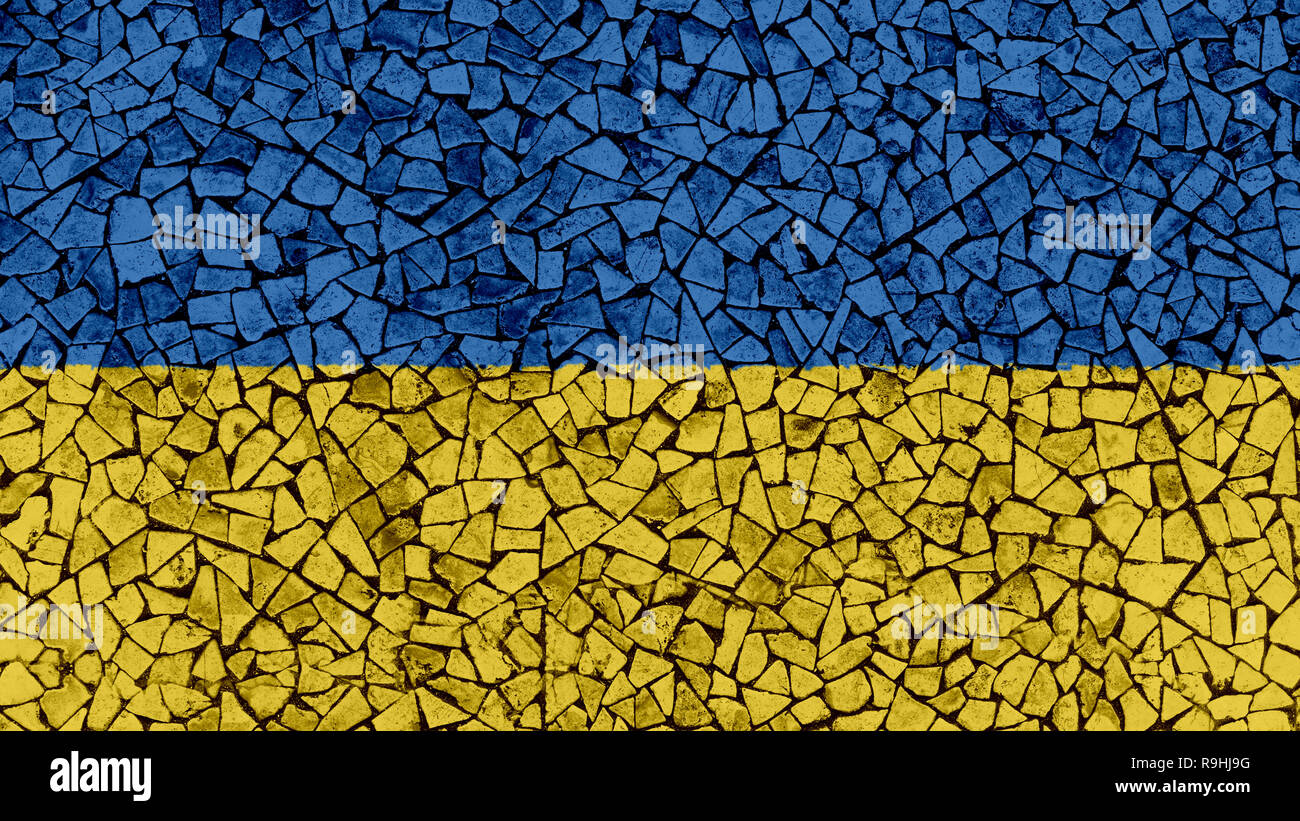 Mosaic Tiles Painting of Ukraine Flag, Background Texture Stock Photo
