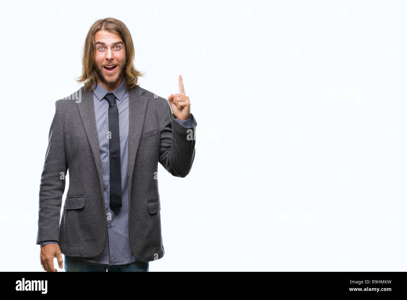 Young Handsome Business Man With Long Hair Over Isolated