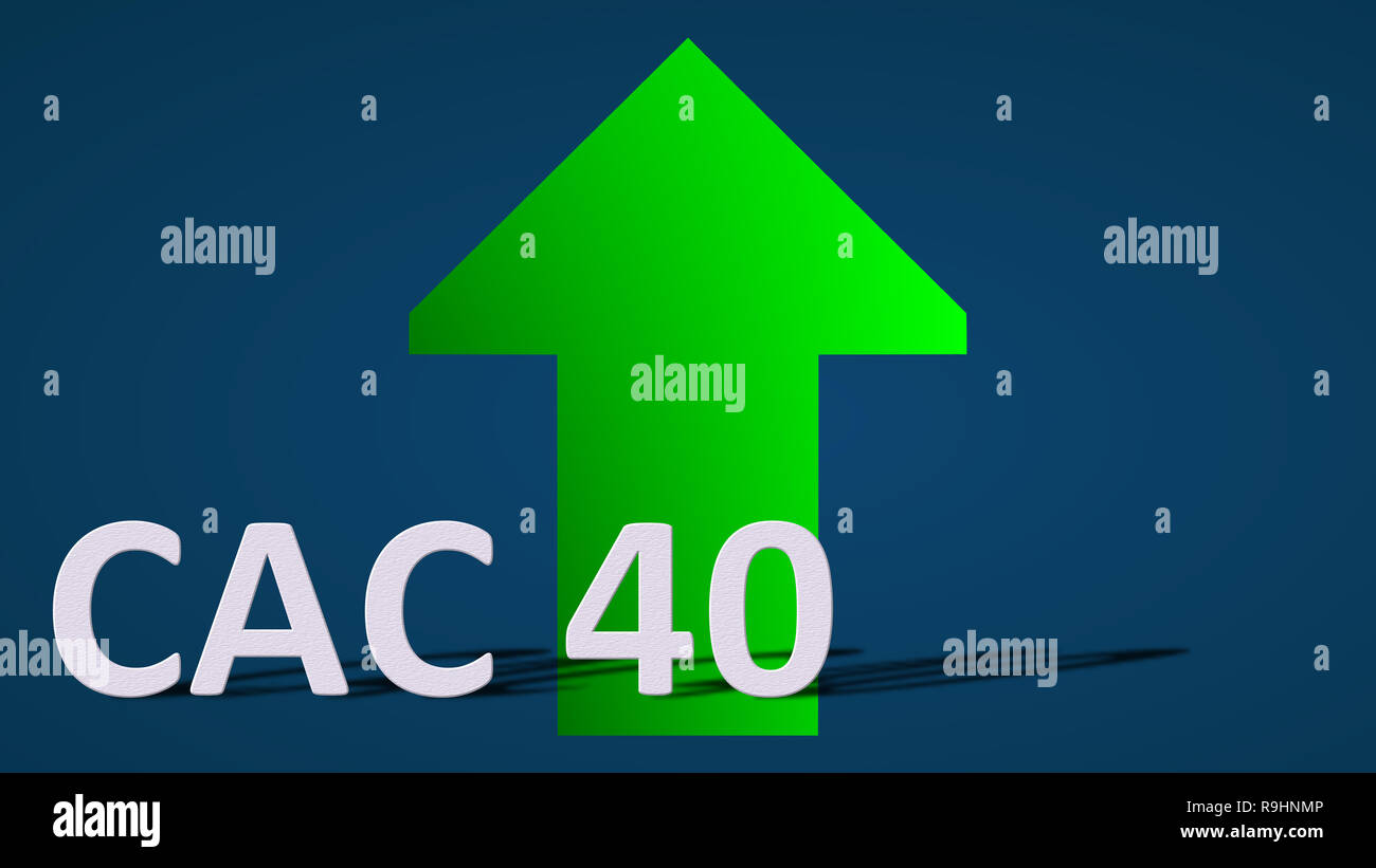 The French stock market index CAC 40 is going up. A green arrow behind