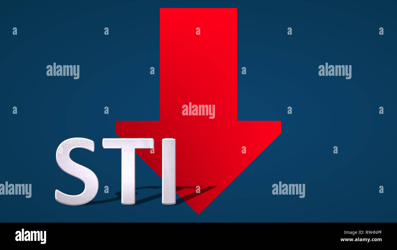 The Singapore stock market index Straits Times Index (STI) is falling. The red arrow behind the STI label is showing downwards on a blue background... Stock Photo