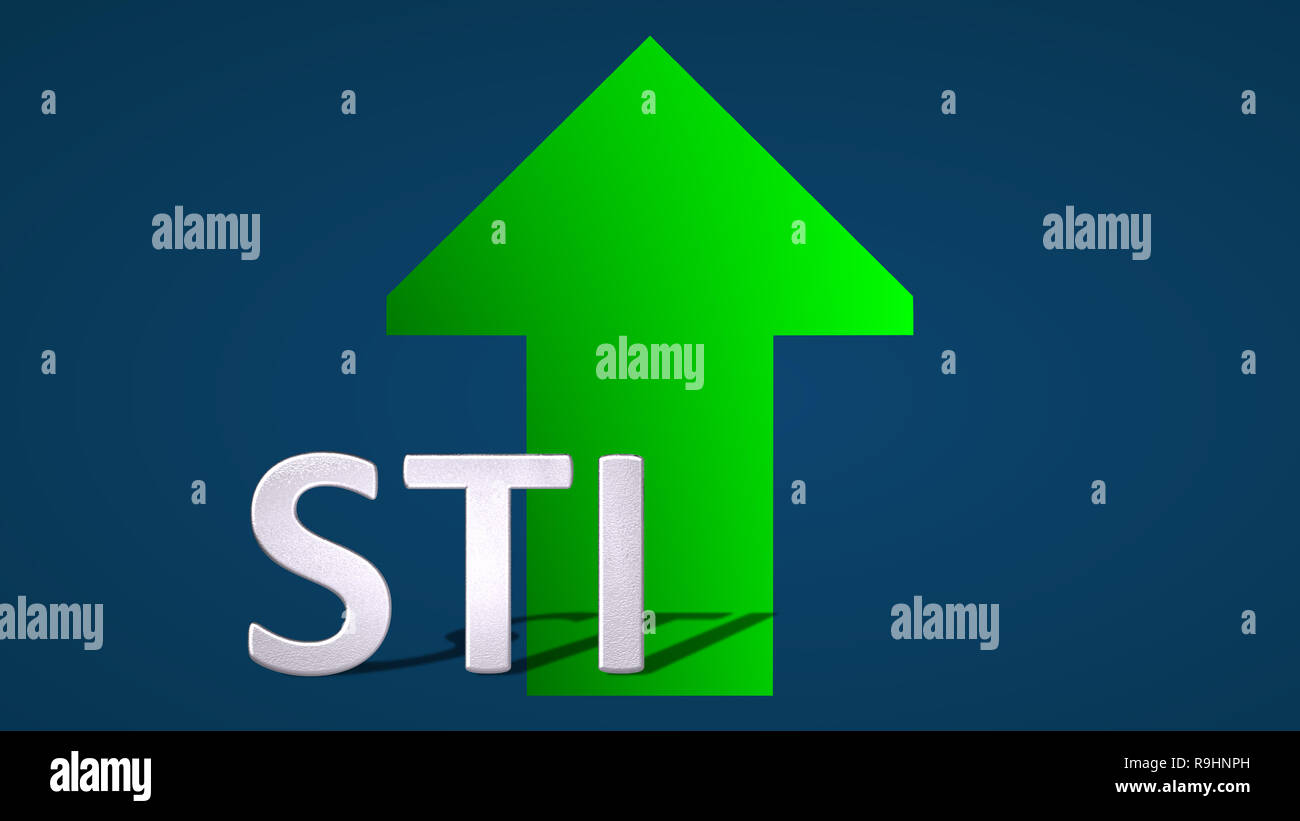 The Singapore stock market index Straits Times Index (STI) is going up. A green arrow behind the STI label is showing upwards on a blue background and... Stock Photo