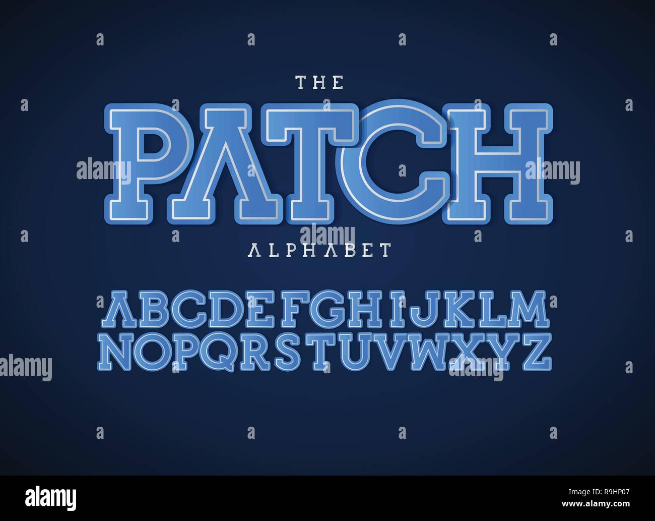 Patch letters set. Bold vector latin alphabet. Blue color font. Patch
