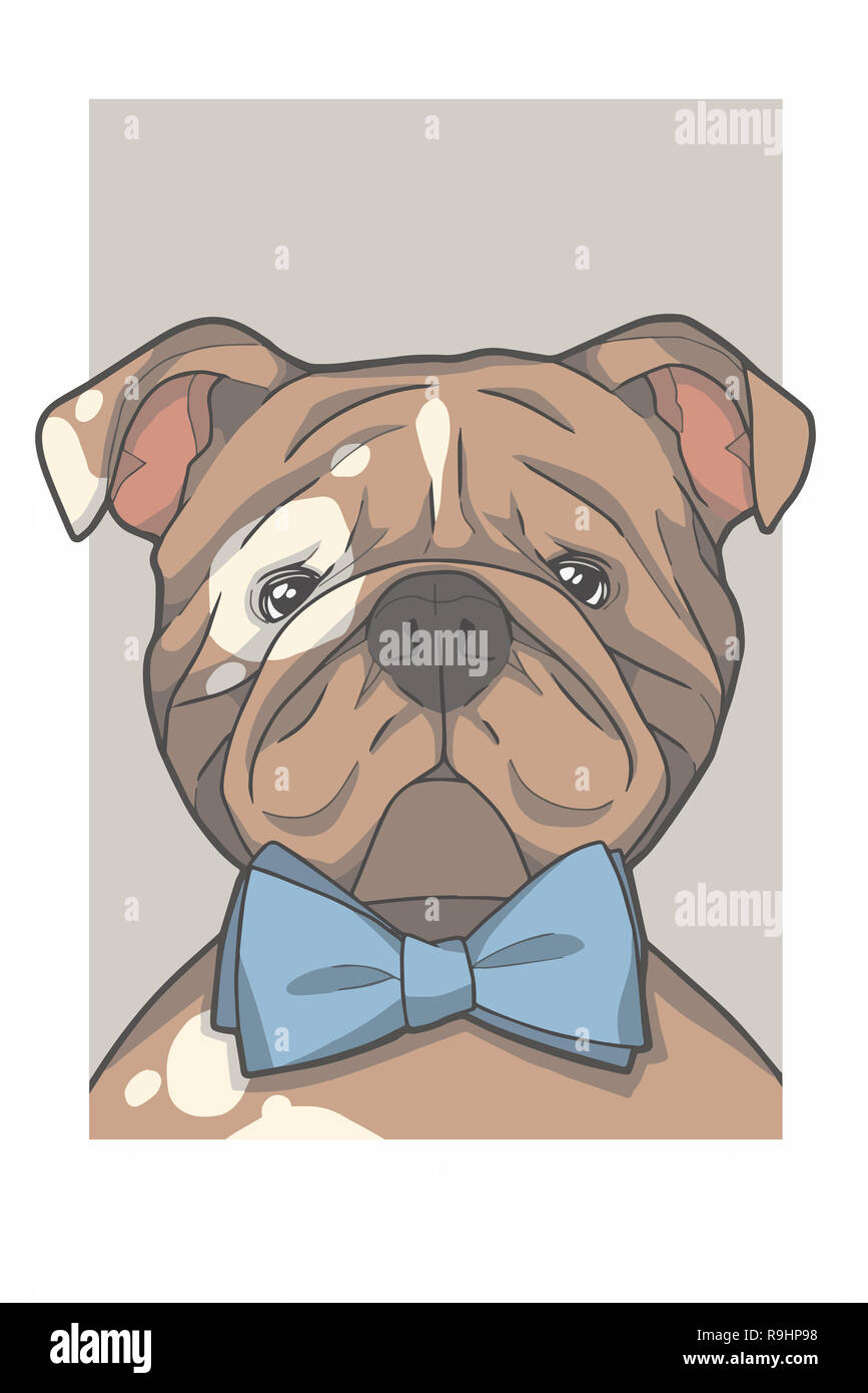 English Bulldog dog with bowtie portrait graphic illustration Stock Photo