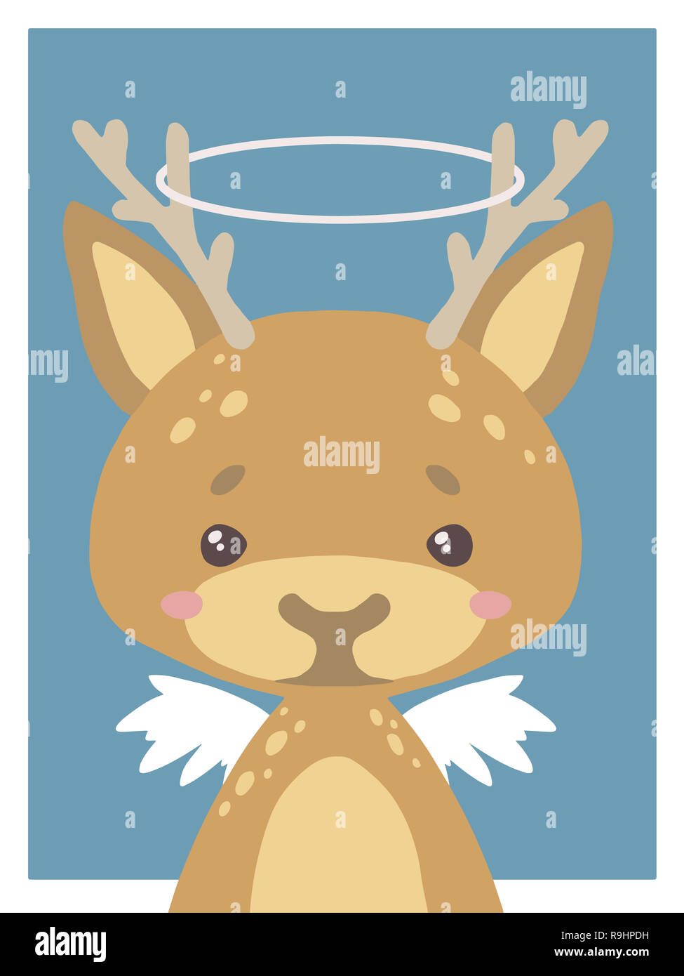 Cute cartoons style nursery animal drawing of a guardian angel deer with halo and wings Stock Photo