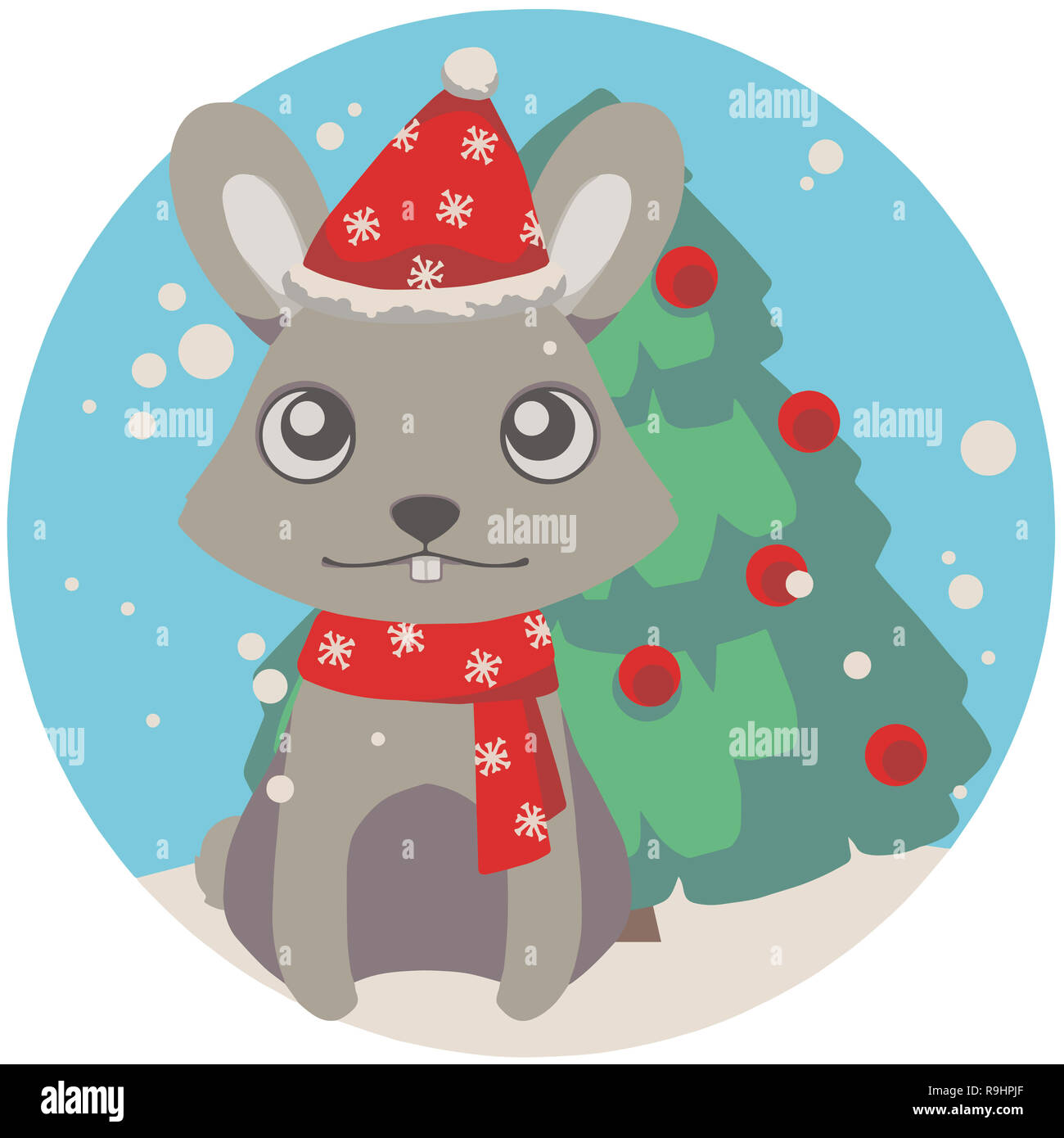Cute cartoon style rabbit with santa hat winter scarf and christmas ...