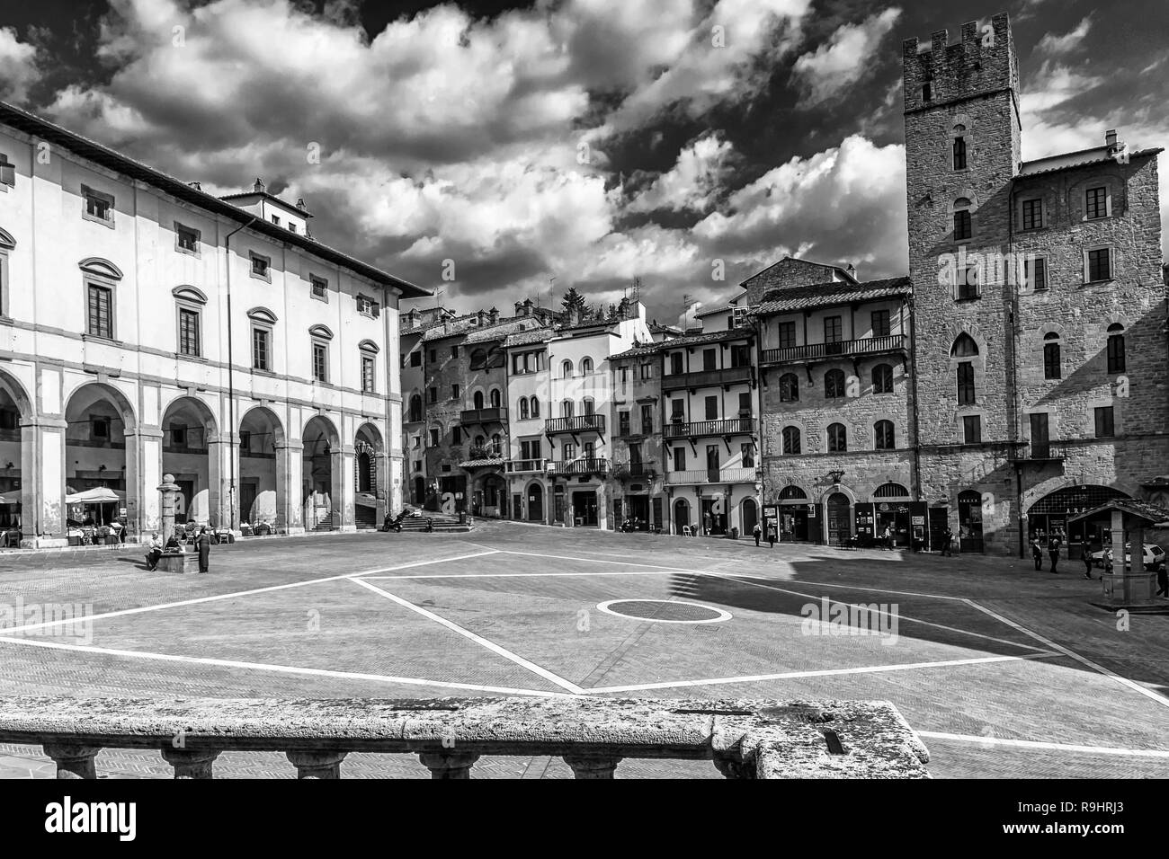 Beautiful black and white view of Piazza Grande, Arezzo, Tuscany,  Italy Stock Photo