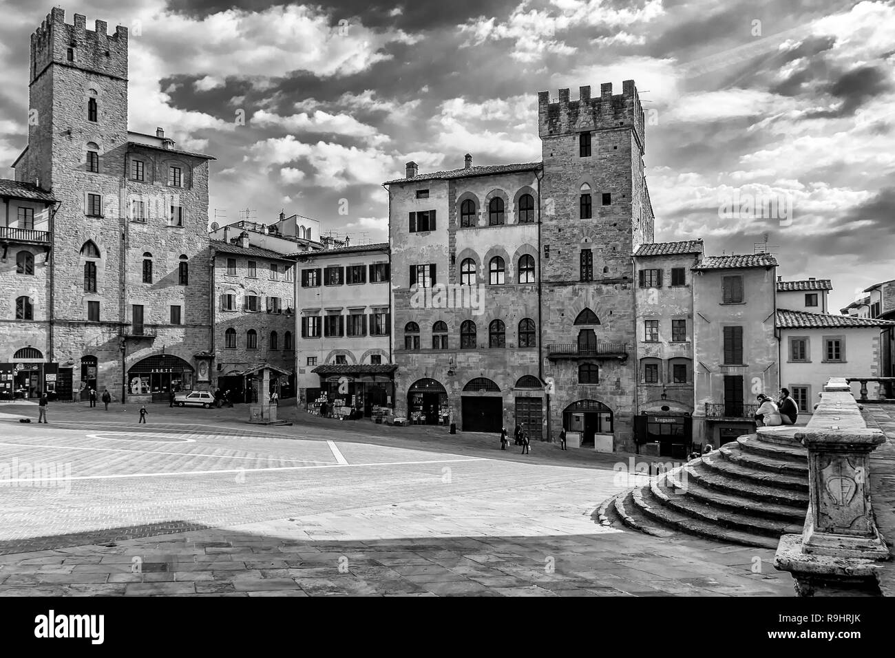 Beautiful black and white view of Piazza Grande, Arezzo, Tuscany,  Italy Stock Photo