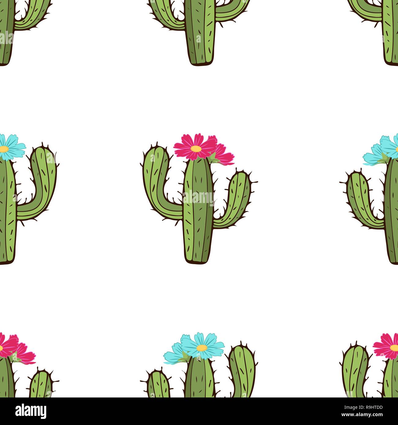 Blooming cactus seamless pattern, hand drawing, vector illustration. Painted green peyote with spikes and pink and blue flower buds on white backgroun Stock Vector
