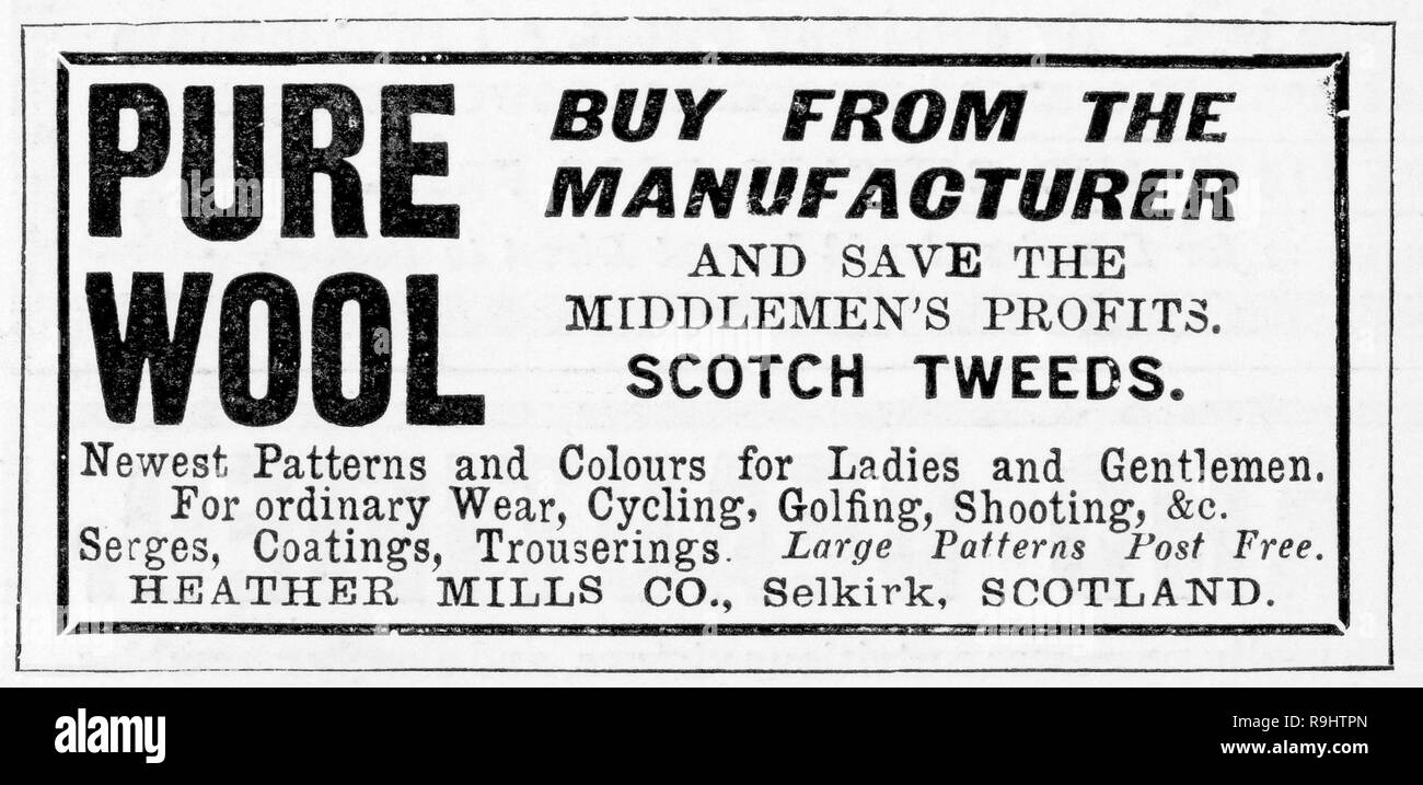 newspaper advert for Pure Wool by Heather Mills Co. Scotland, from Illustrated London News from 1887 Stock Photo