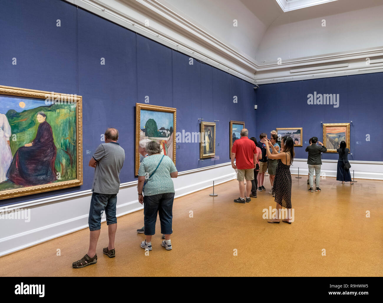 National Gallery, Oslo. Visitors looking at paintings by Edvard Munch, National Gallery, Oslo, Norway Stock Photo