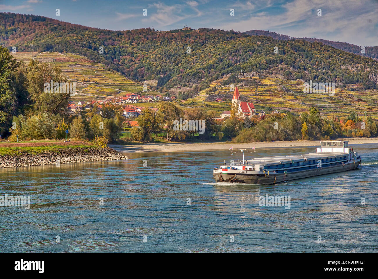 Barge on Wachau Valley, Austria Stock Photo