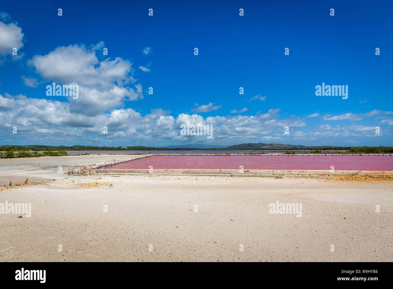Red salt production in Puerto Rico lake pool Stock Photo
