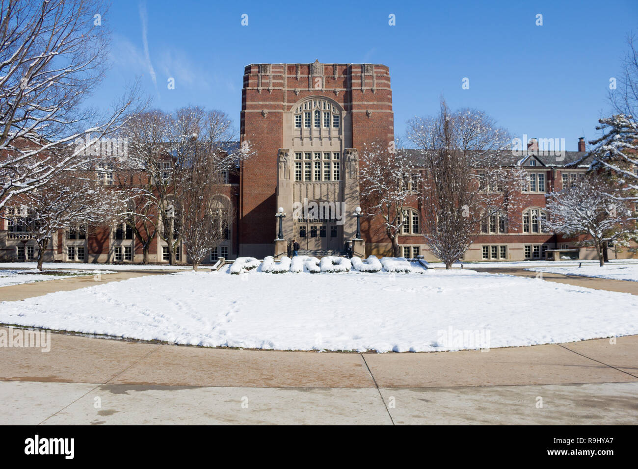 Purdue Memorial Union with snow, Purdue University, West Lafayette, Indiana, United States Stock Photo