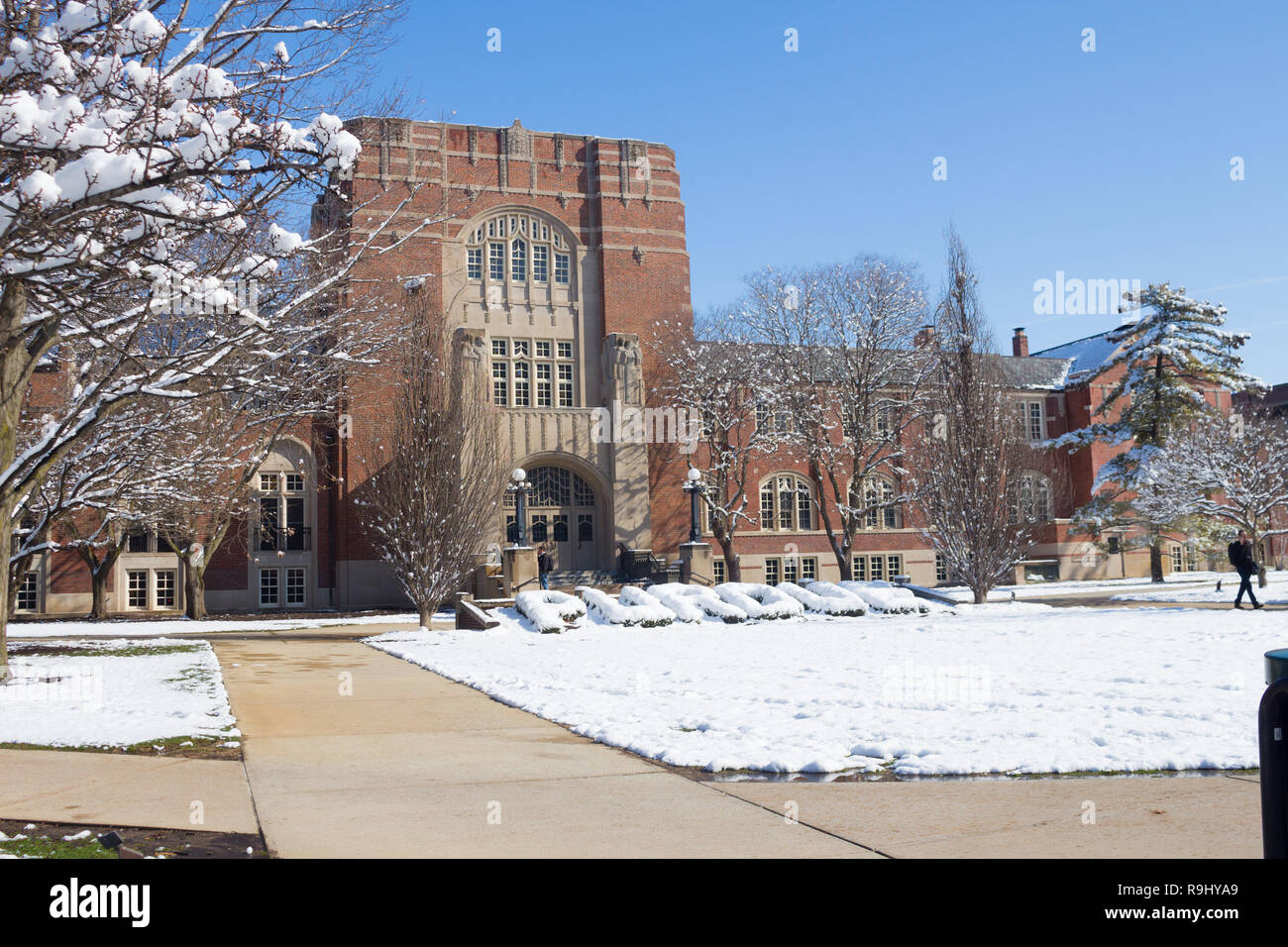 Purdue Memorial Union with snow, Purdue University, West Lafayette, Indiana, United States Stock Photo
