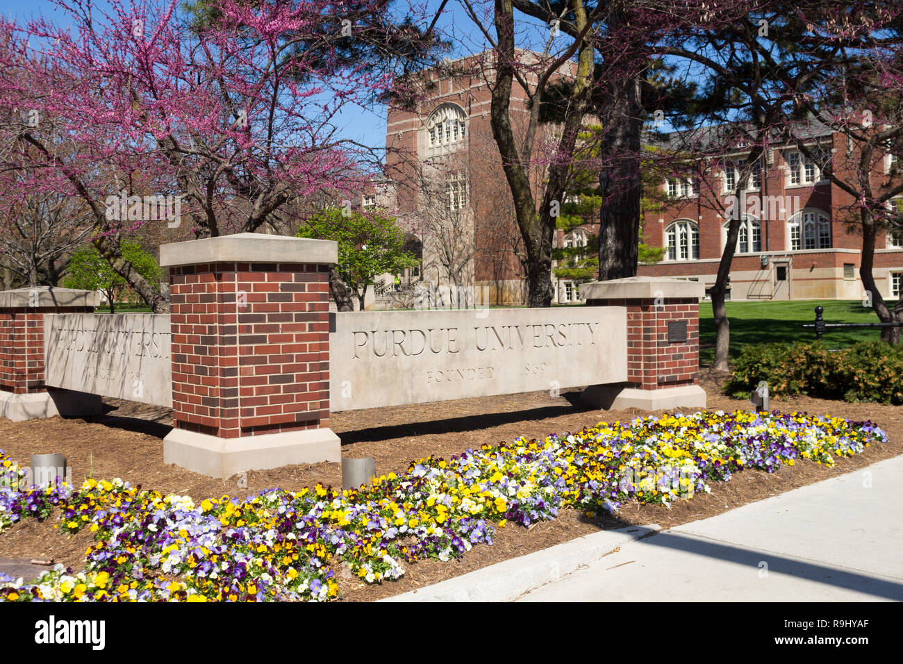 Purdue University sign in spring outside Memorial Union, Purdue University campus, West Lafayette, Indiana, United States Stock Photo