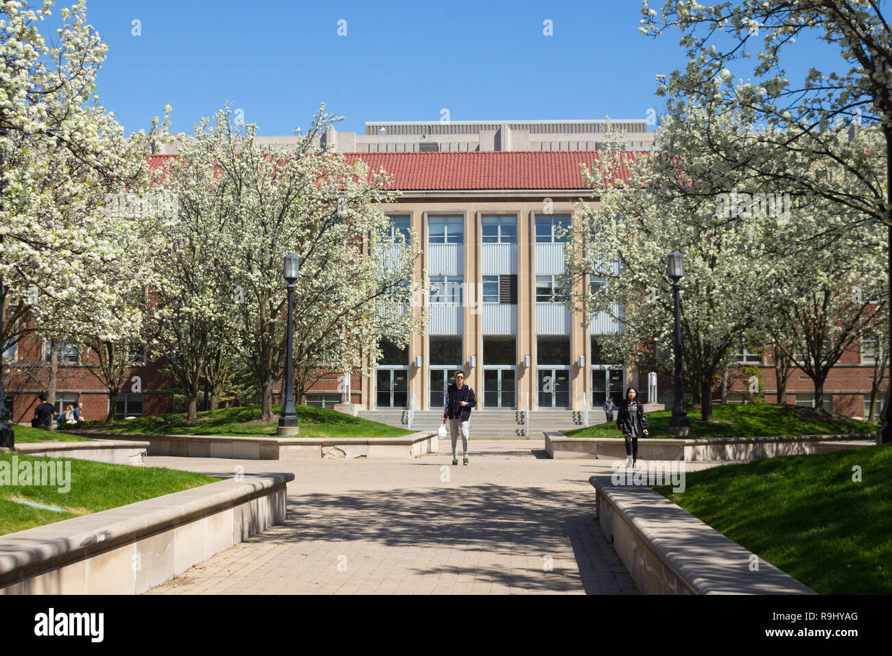 Heavilon Hall in spring with Academy Park in foreground, Purdue University, West Lafayette, Indiana, United States Stock Photo