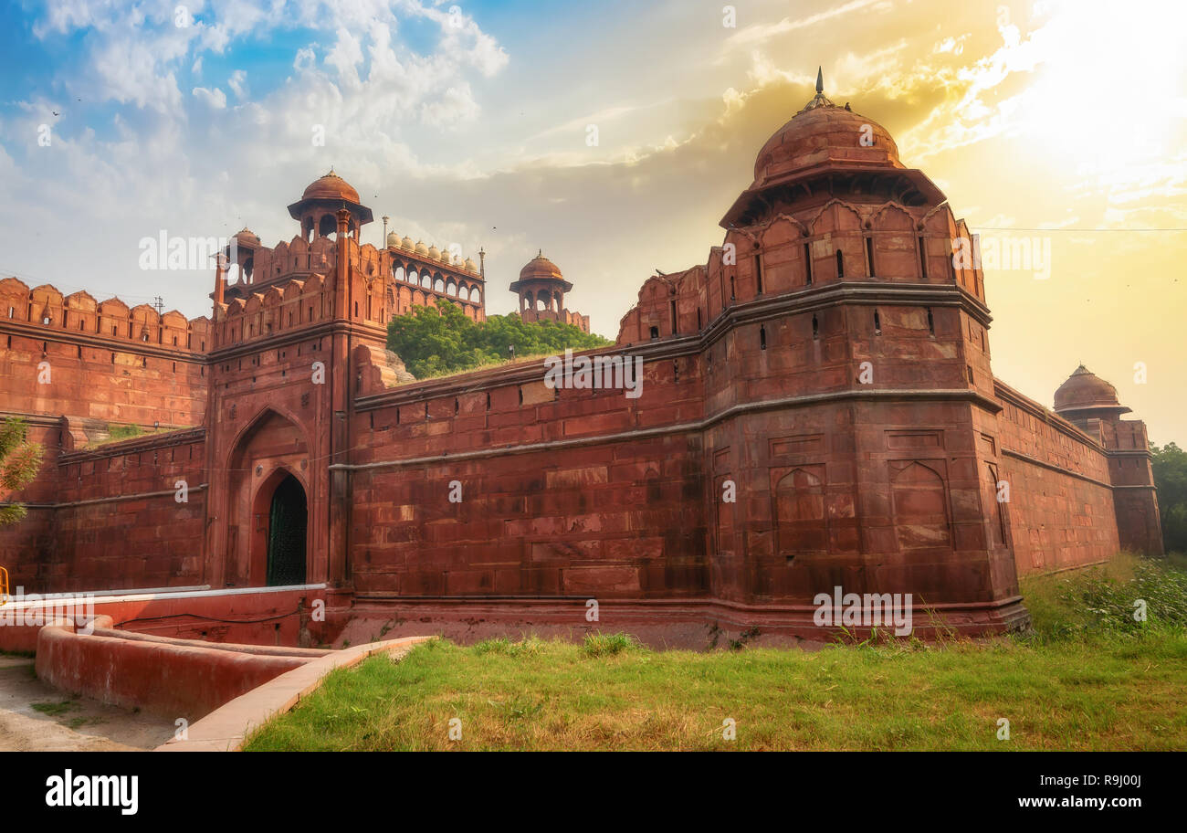 Historic Red Fort Delhi at sunrise. A medieval Indian fort built of red sandstone Stock Photo