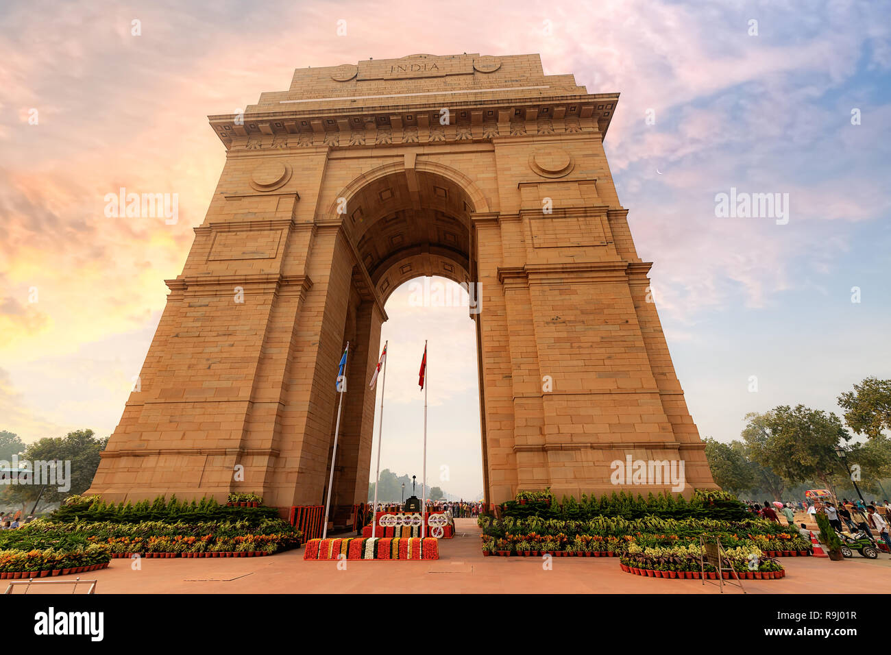 India Gate war memorial at Delhi on Rajpath road in close up view at sunrise. Stock Photo