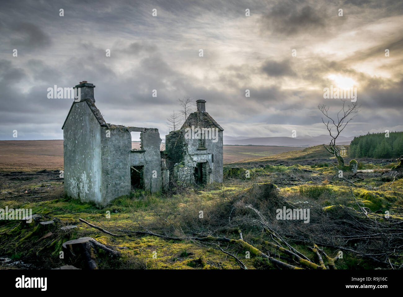 Ruines of an old Irish farm house in the Mountains of Doengal Stock Photo