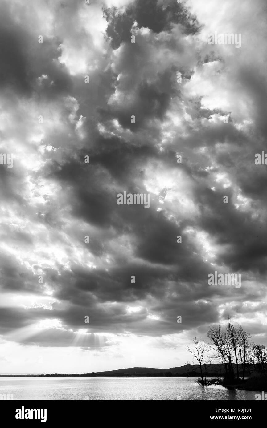 Beautiful wide angle view of a lake with an huge sky with clouds, above skeletal trees Stock Photo