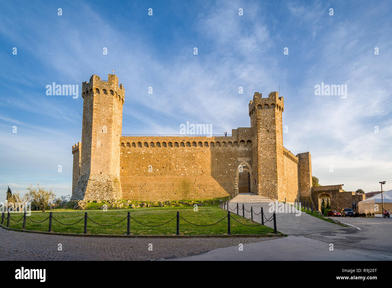 Front view of Montalcino medieval fortress at evening sun. Toscana, Italy. Stock Photo
